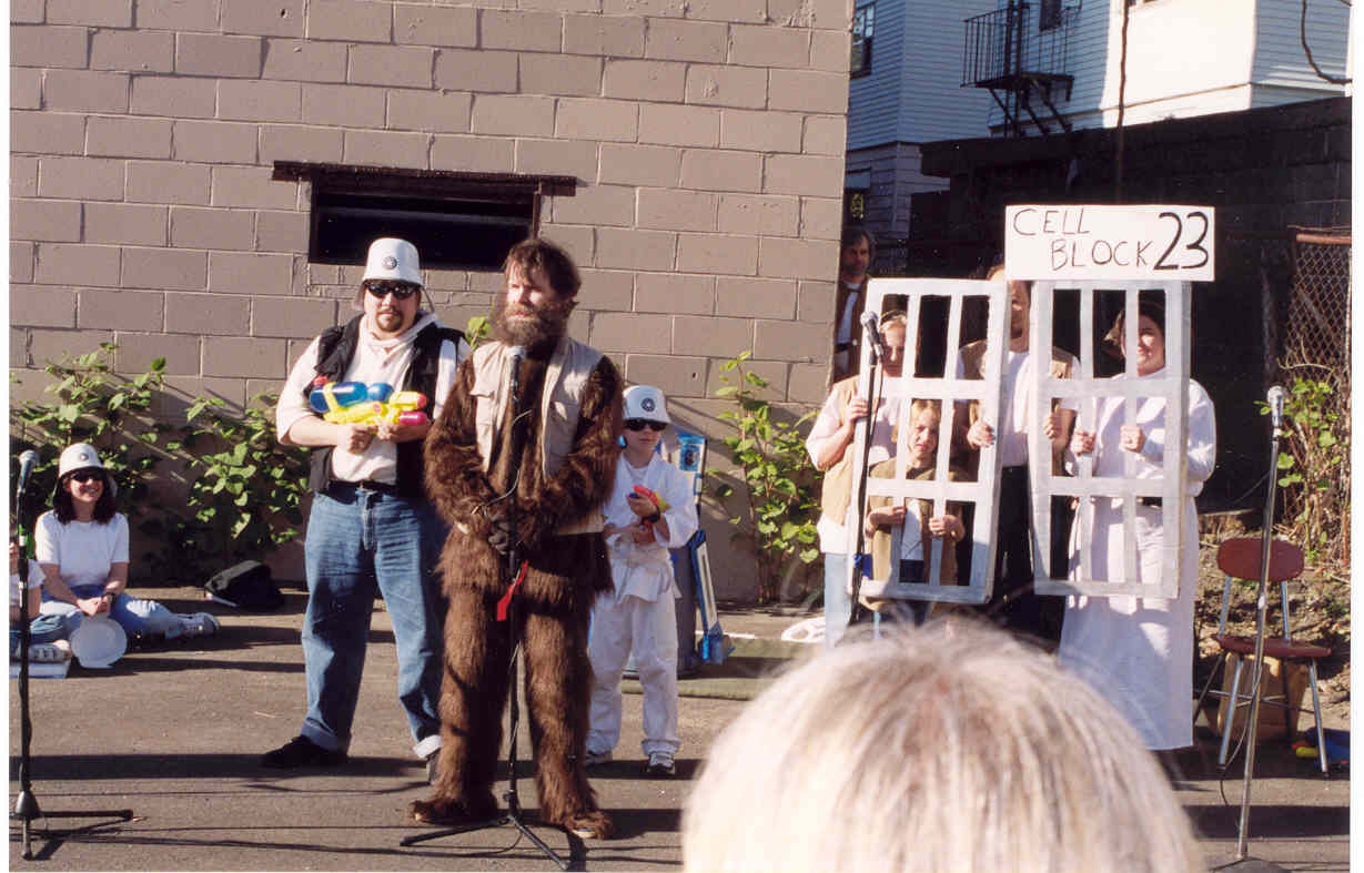 Chewy, Han and Luke approach the cell block where Leia is being held